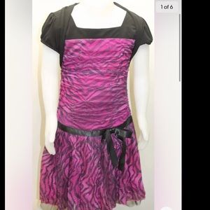 2/$20 BCX Girl Party Dress Puff Sleeve Black Fuchsia  Zebra Print 10 Bow